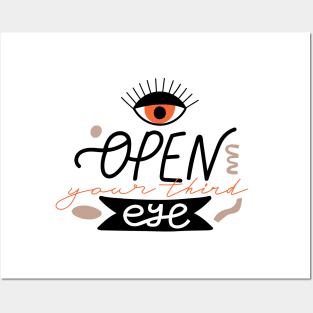 Psychedelic eyes. Motivating typography design "Open your third eye" sign. Posters and Art